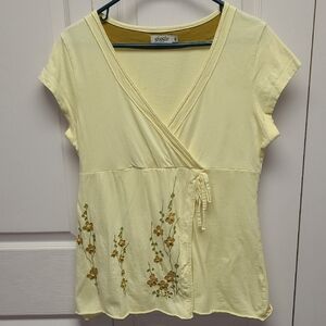 Giggle Light Yellow Floral Boho Fairy Embroidered V Neck Wrap Blouse  M
